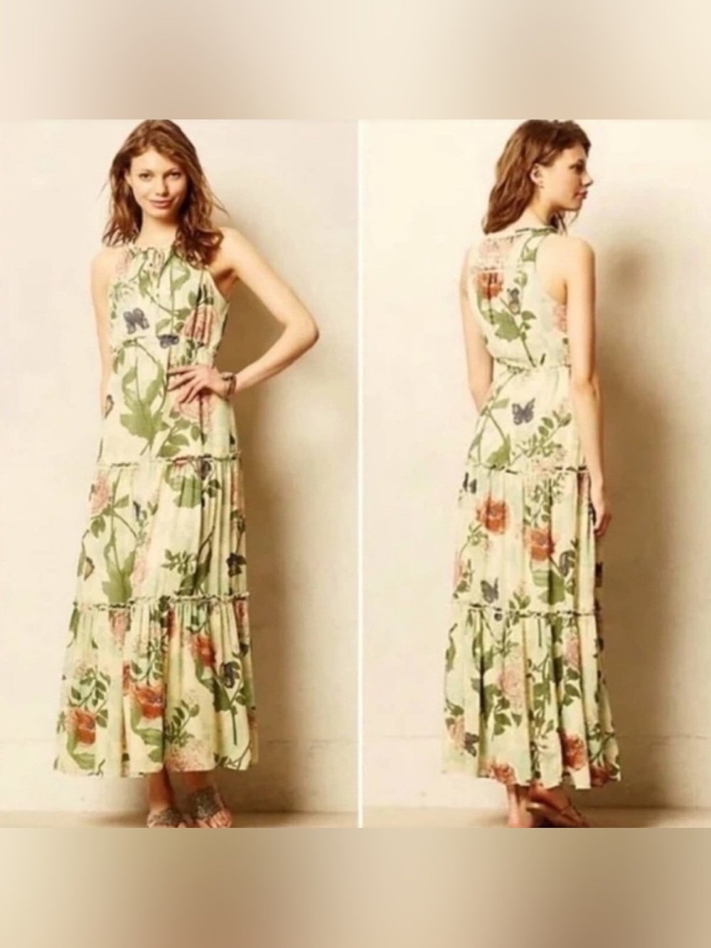 Anthropologie Maeve Ruffled Tiered
Maravilla Maxi Dress Size 8 Green Motif NWOT